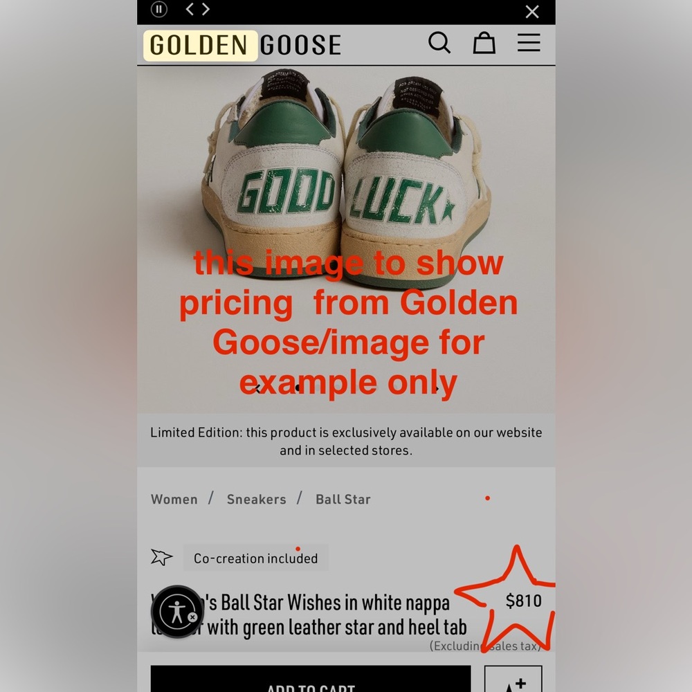 St. Patrick’s Day Golden Goose Ball Star w/custom art & “Good Luck” size 37 8us
